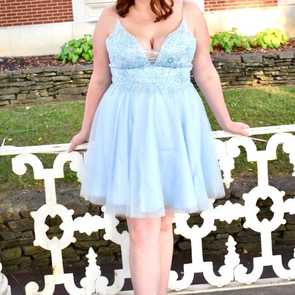 Baby Blue Beaded Fit + Flare Tulle Mini Dress